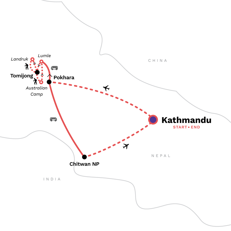 Map of the route for Nepal: Annapurna Hiking & Chitwan National Park