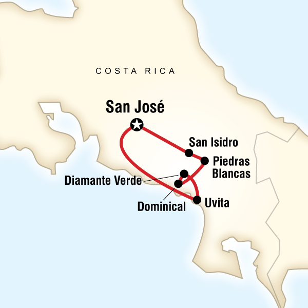 Map of the route for Trek Hidden Costa Rica