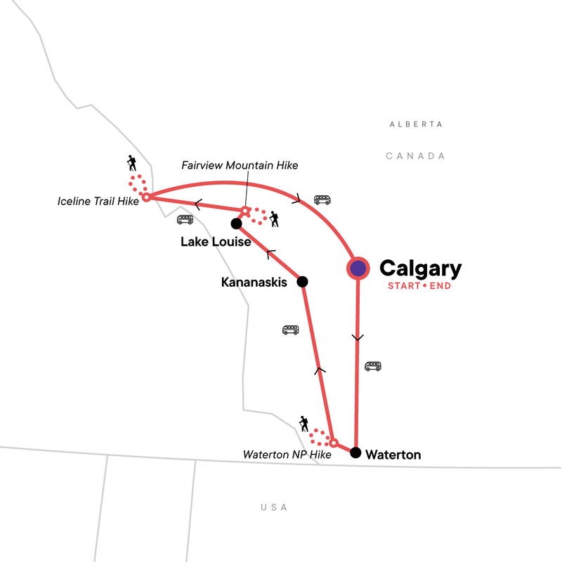 Map of the route for Active Canadian Rockies Adventure