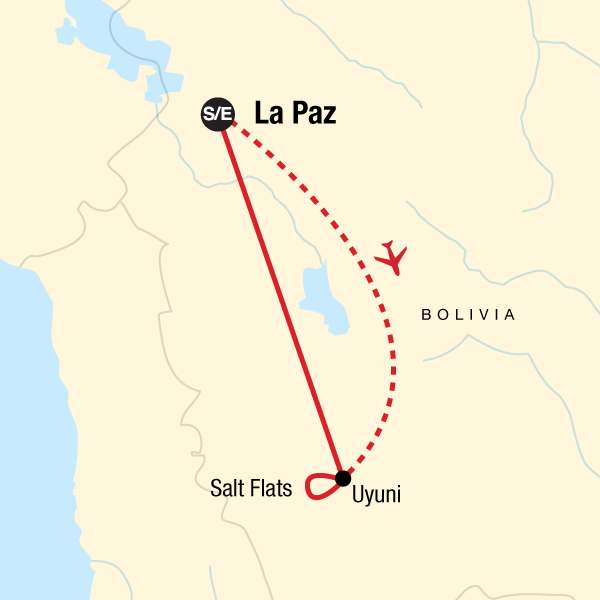 Map of the route for Bolivia Express: Salt Flats & Desert Landscapes