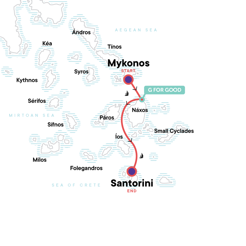 Map of the route for Sailing Greece - Mykonos to Santorini