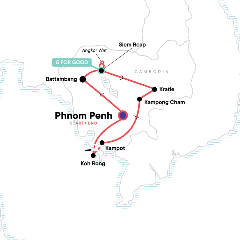 Map of the route for Ultimate Cambodian Adventure