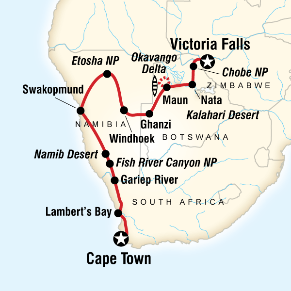 Map of the route for Cape Town to Victoria Falls Adventure