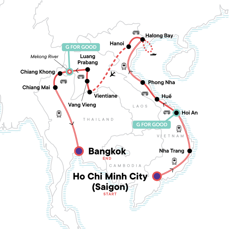 Map of the route for Vietnam, Laos & Thailand: Riversides & Railways