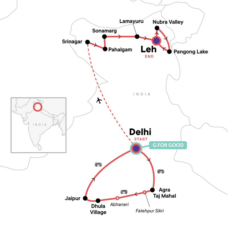 Map of the route for Northern India & Himalayan Trails
