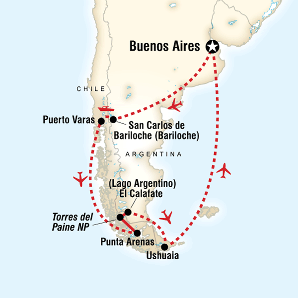 Map of the route for Journeys: Discover Patagonia