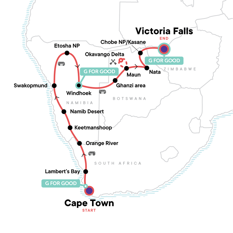 Map of the route for Cape Town to Victoria Falls Adventure