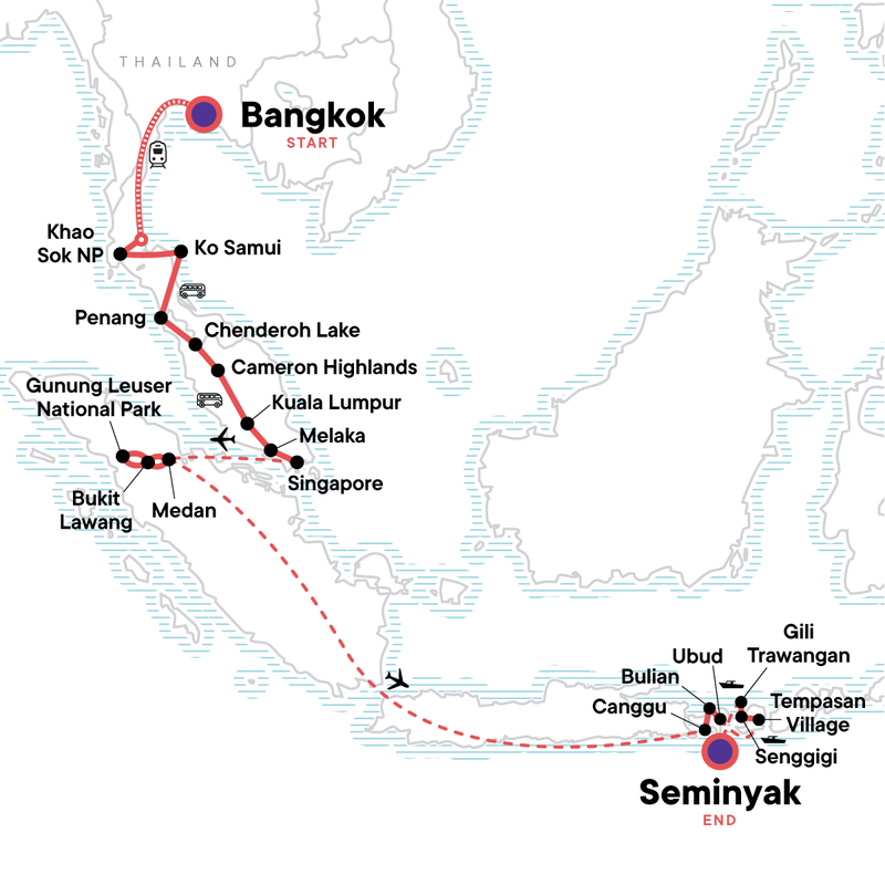 Map of the route for Bangkok to Bali: Street Food, Summits & Island Escapes