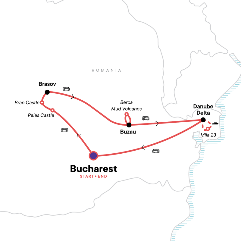 Map of the route for Highlights of Romania & the Danube Delta