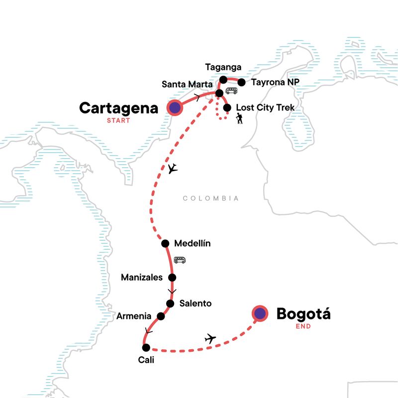 Map of the route for Cartagena to Bogota: Colonial Cities & Trekking