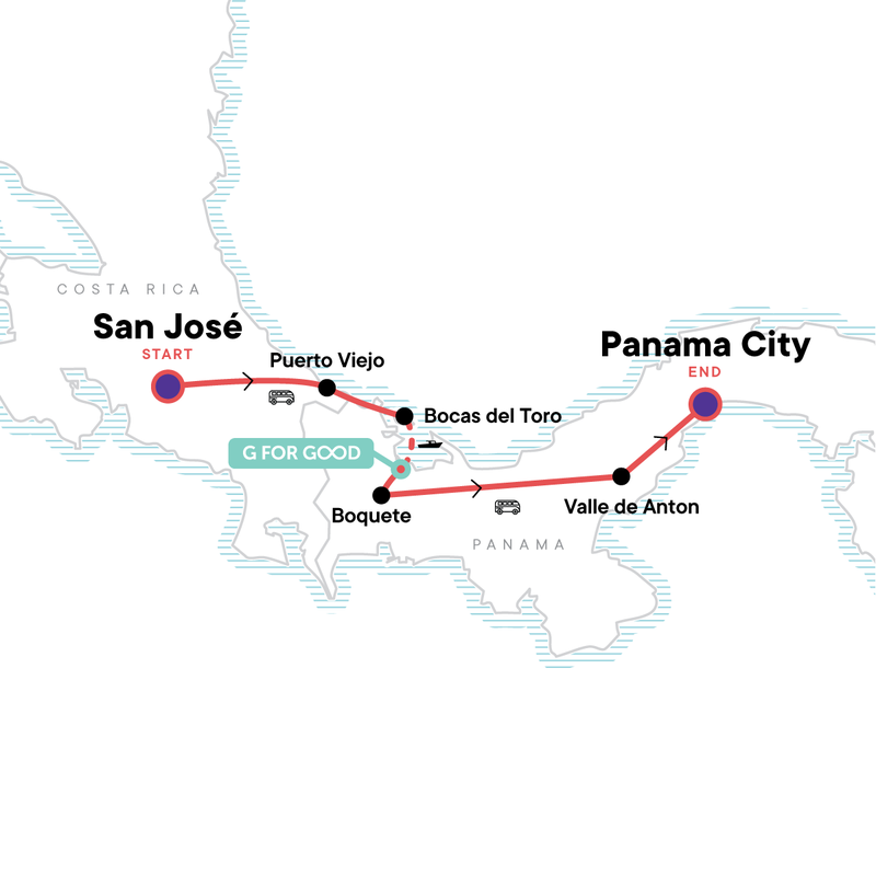Map of the route for Costa Rica to Panama: Surf, Treks & Starry Skies