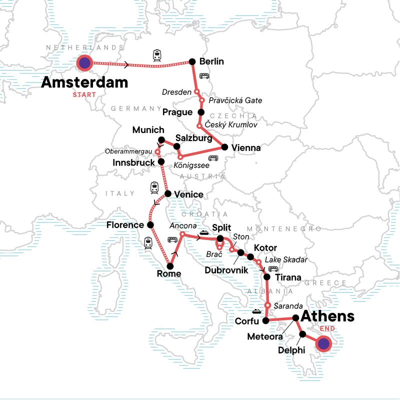 Map of the route for Ultimate Europe: Berlin, Tuscany & Greek Temples