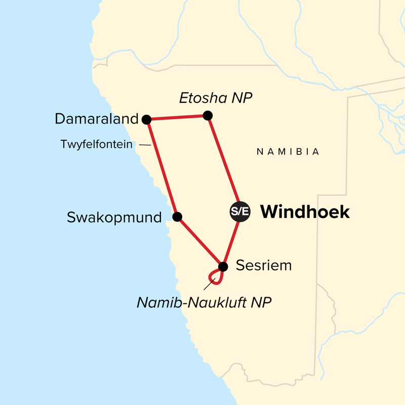 Map of the route for Journeys: Wonders of Namibia