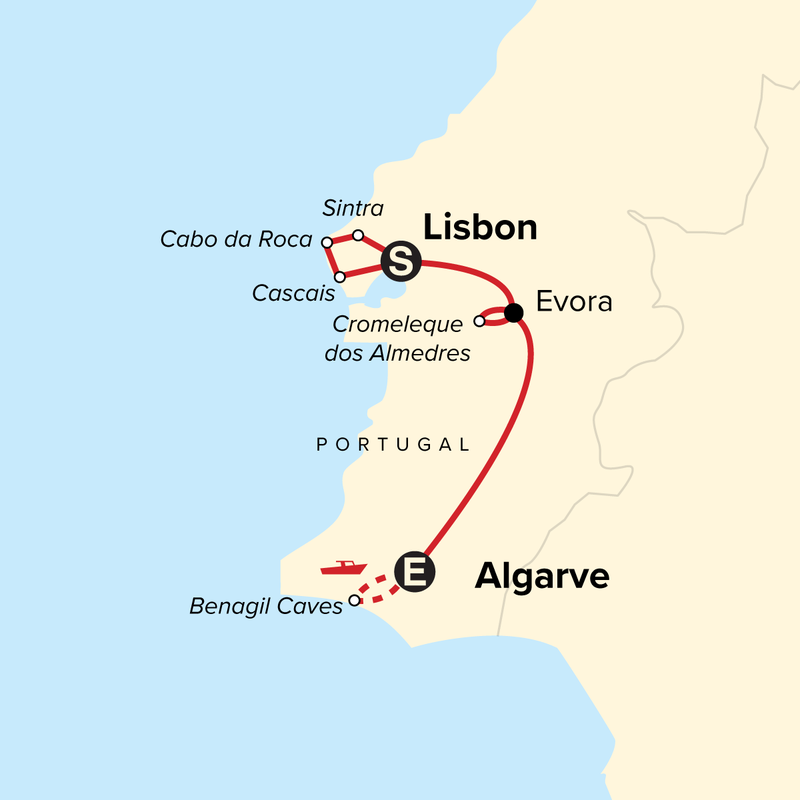 Map of the route for Family Journey Portugal: Lisbon to the Algarve