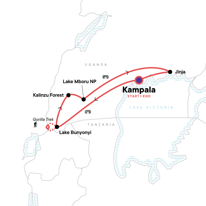Map of the route for Uganda Overland: Gorillas & Chimps
