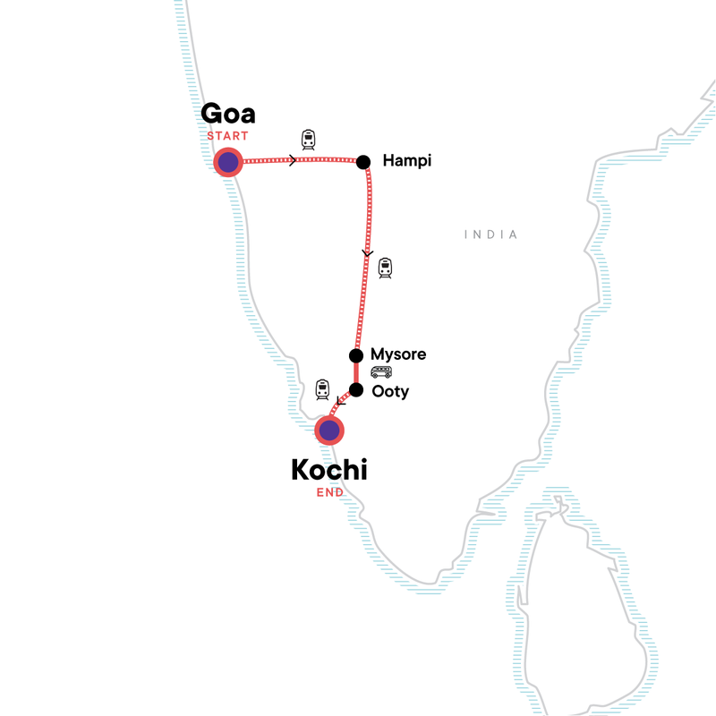 Map of the route for India: Ancient Ruins & Kerala Beaches