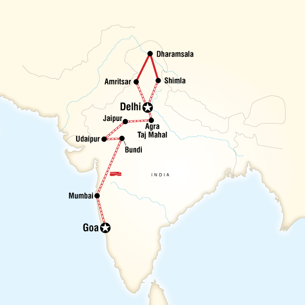 Map of the route for Northern India & Rajasthan to Goa by Rail