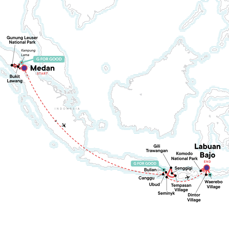 Map of the route for Epic Archipelago Adventure: Sumatra to Flores in 30 Days