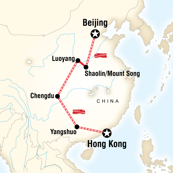 Map of the route for Hong Kong to Beijing on a Shoestring