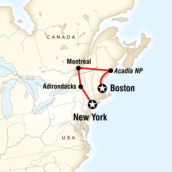 Map of the route for Best of New York, Montreal & New England