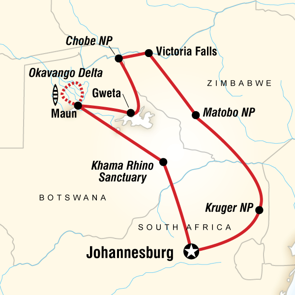 Map of the route for Southern Africa Encompassed: Bush Camps & Wildlife Spotting