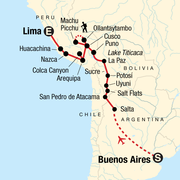 Map of the route for Buenos Aires to Lima: Sacred Valley & Salt Flats