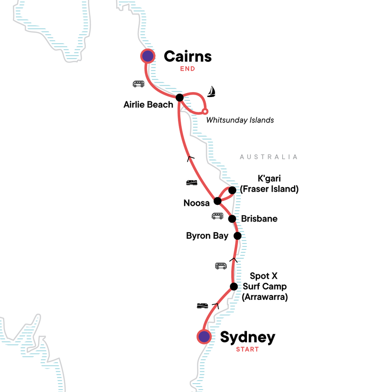 Map of the route for Most of the Coast: Sydney to Cairns