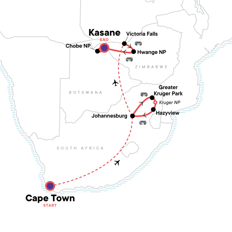 Map of the route for Best of Africa's Wildlife: Cape Town, Kruger, Hwange, & Chobe