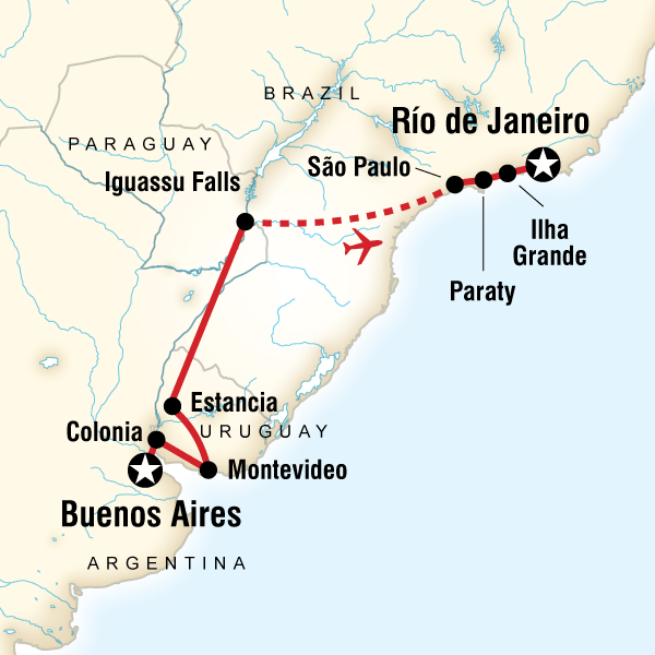 Map of the route for Buenos Aires to Rio de Janeiro: Falls & Footy