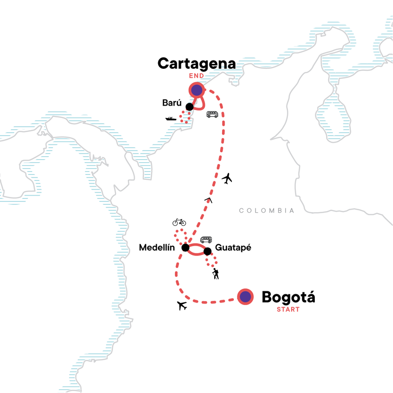 Map of the route for Colombia: Andean Vistas to Guatapé & the Caribbean