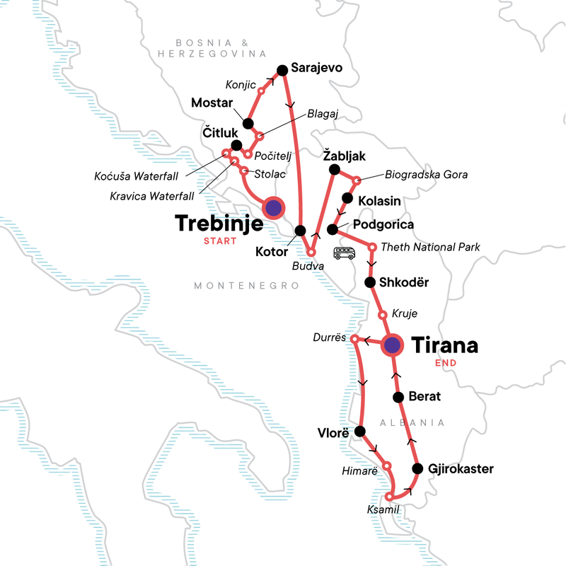 Map of the route for Classic Balkans: Bosnia & Herzegovina to Albania