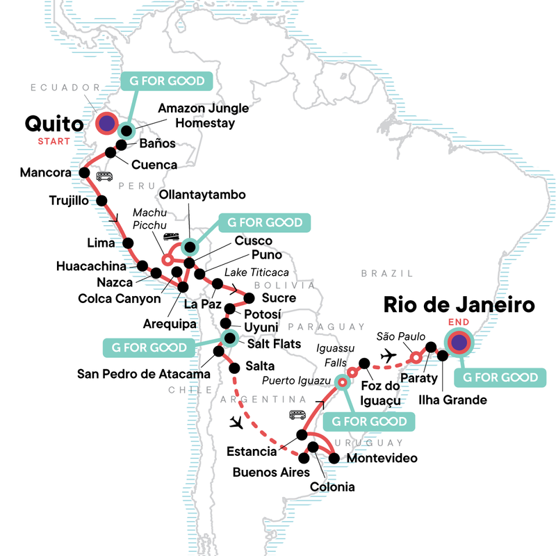 Map of the route for The Great South American Journey: Quito to Rio Adventure