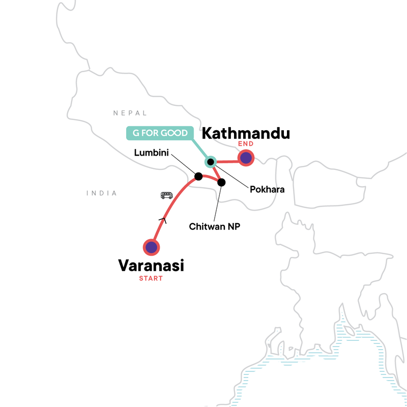 Map of the route for Varanasi to Kathmandu: Temples, Trails & Himalayan Hikes