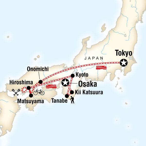 Map of the route for Japan Hike, Bike & Kayak