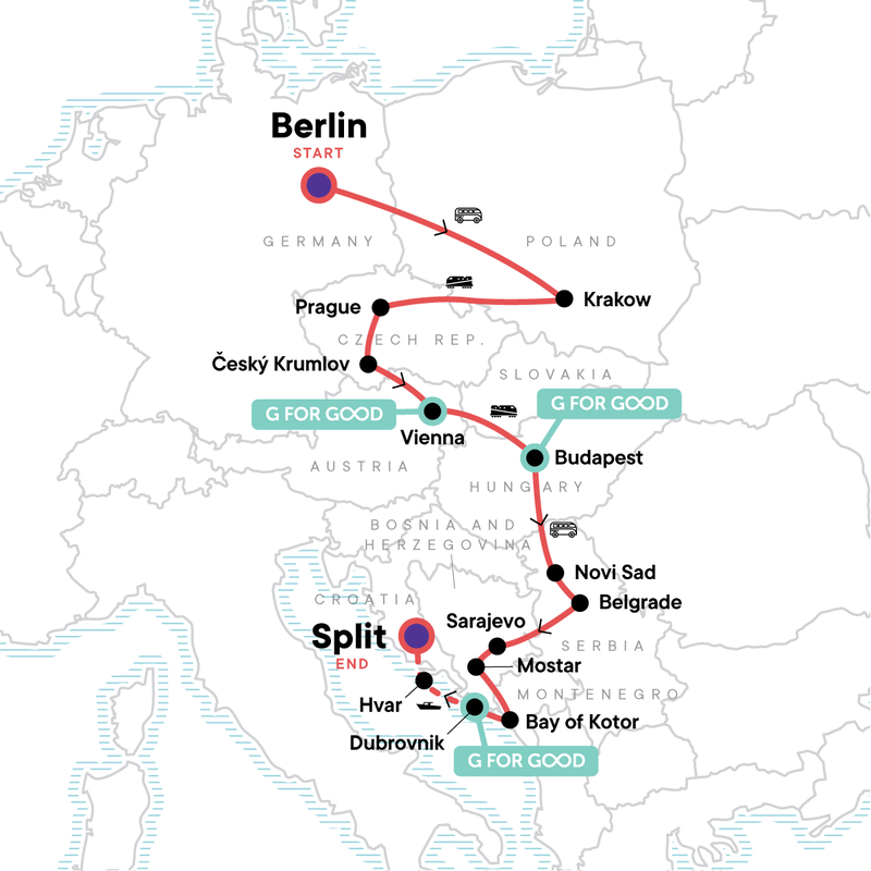 Map of the route for Eastern Europe, Croatia & the Balkans
