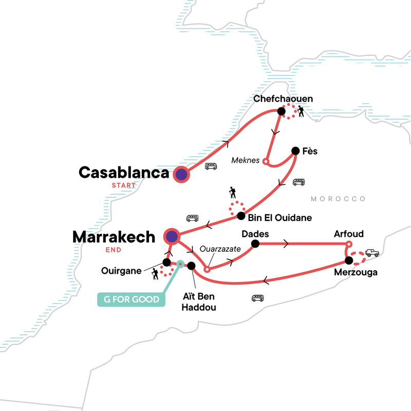 Map of the route for Morocco North and South: Mountain Villages and Ancient Kasbahs