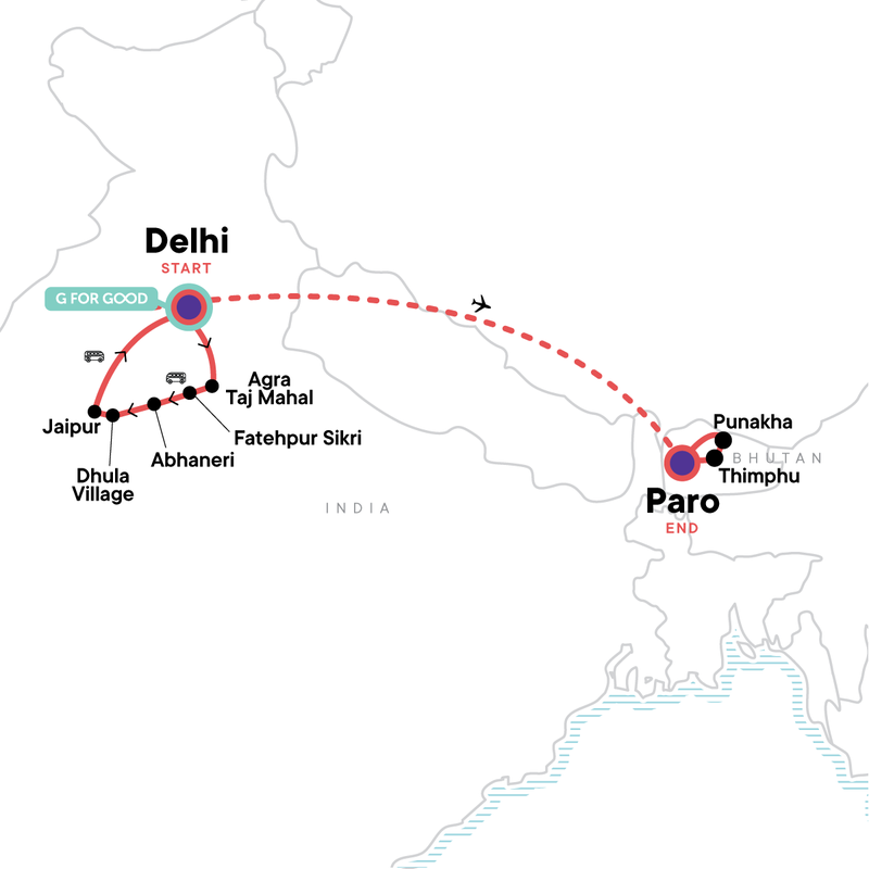 Map of the route for The Best of India & Bhutan