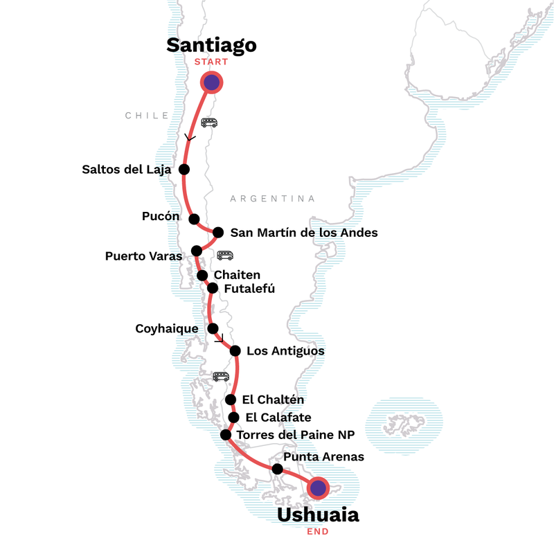 Map of the route for Lando South America: Santiago to Ushuaia