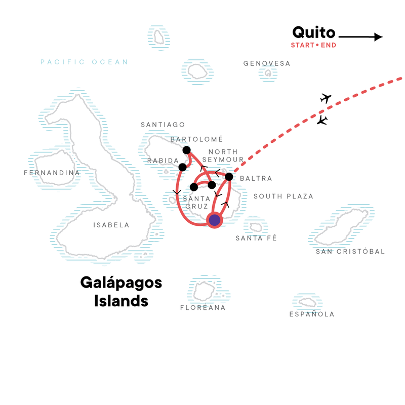 Map of the route for Galápagos Land & Sea — Central Islands aboard the Monserrat