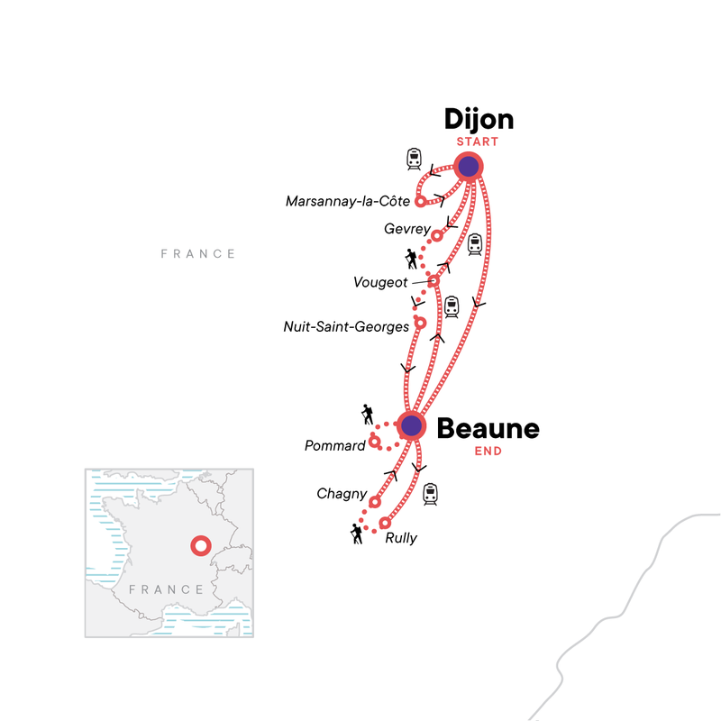 Map of the route for Active Burgundy: Dijon to Beaune