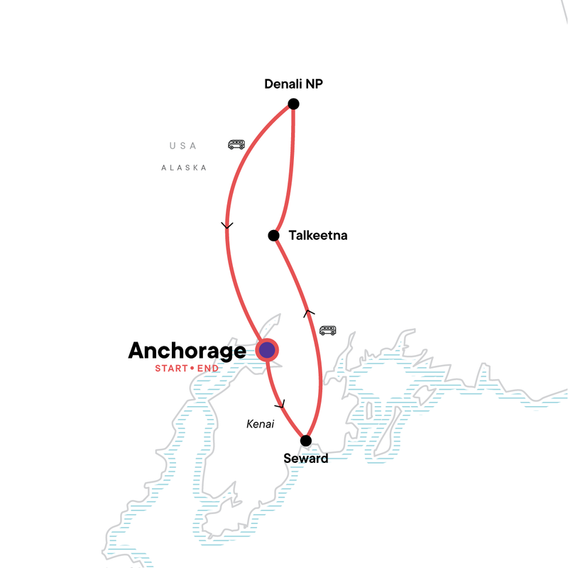 Map of the route for Alaska Kenai & Denali Adventure