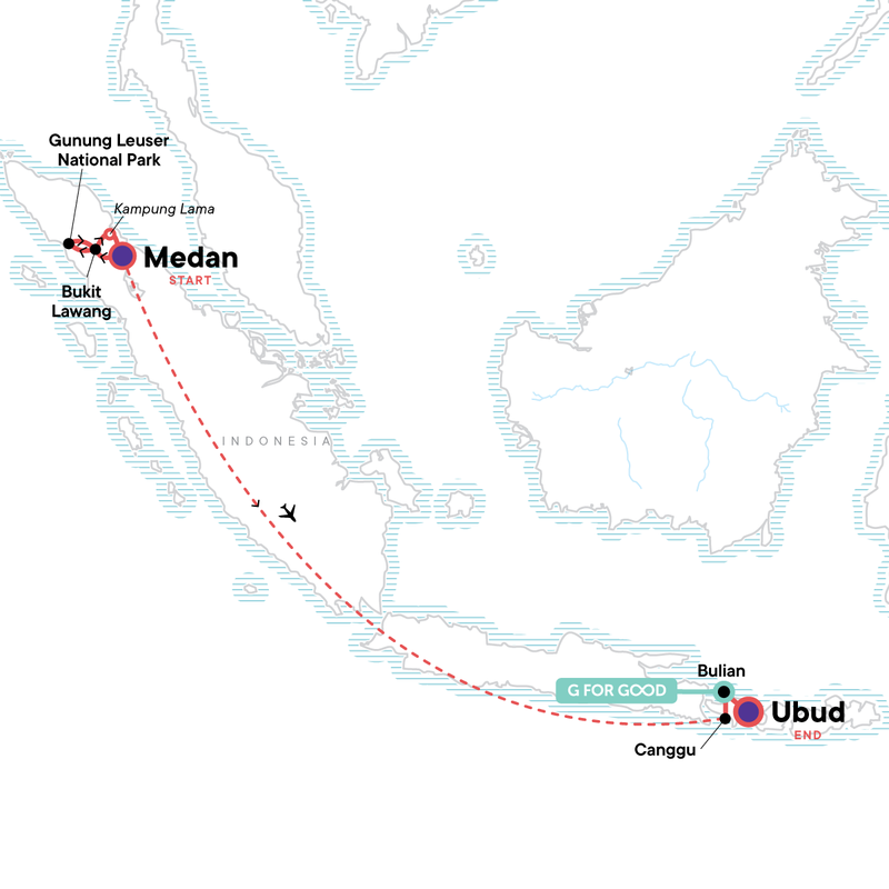 Map of the route for Sumatra to Bali: Wildlife, Waves & Wilderness