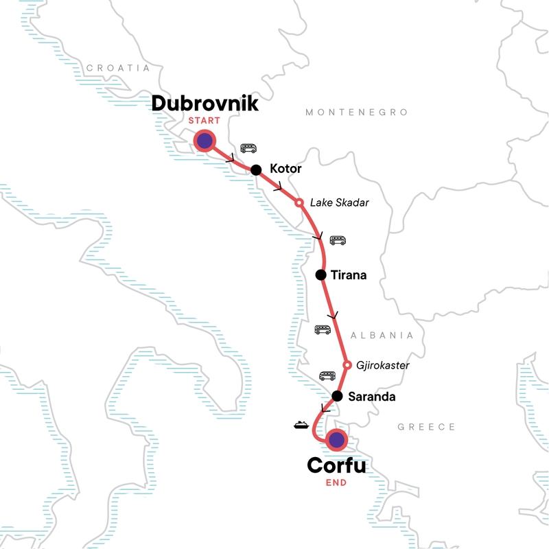 Map of the route for Southern Europe: Montenegro, Corfu & Medieval Fortresses