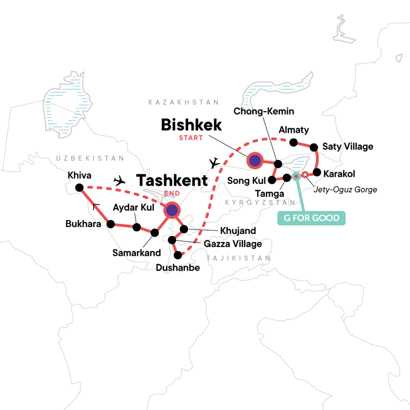 Map of the route for Multi-Stan Adventure - Bishkek to Tashkent