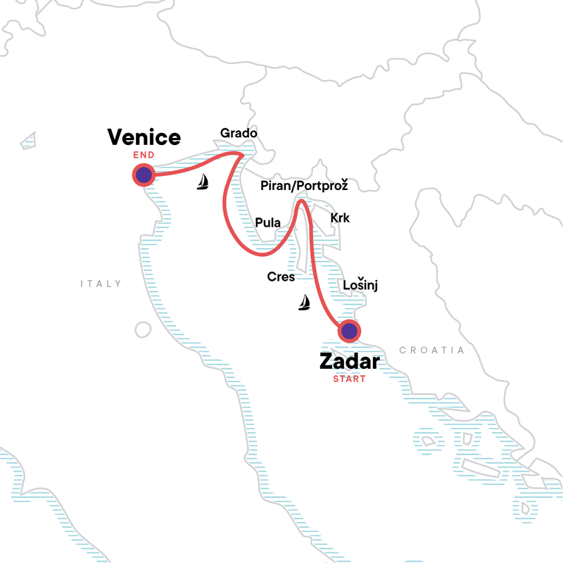 Map of the route for Sailing Croatia to Italy