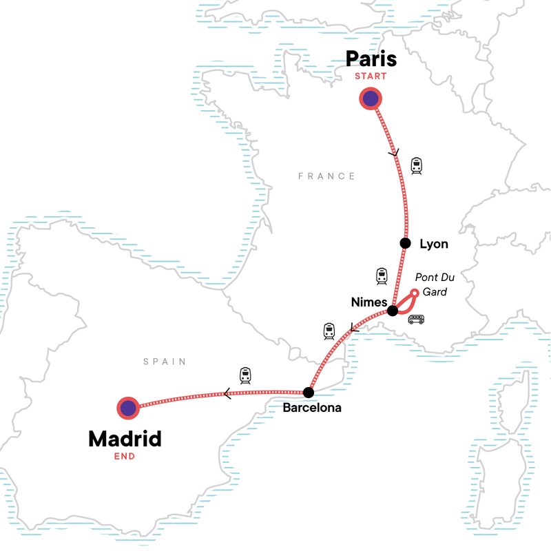 Map of the route for Best of France & Spain