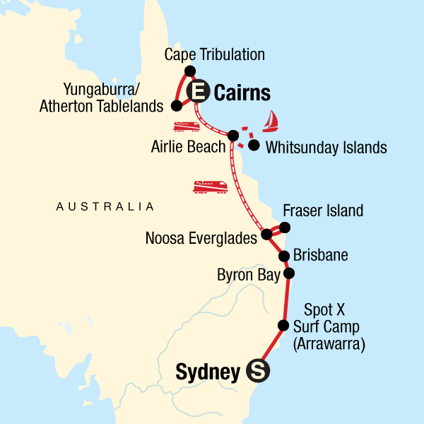 Map of the route for East Coast Encompassed: Sydney to Cairns