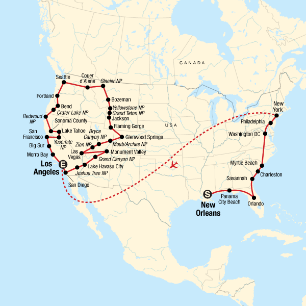 Map of the route for America's Coasts Road Trip – Westbound