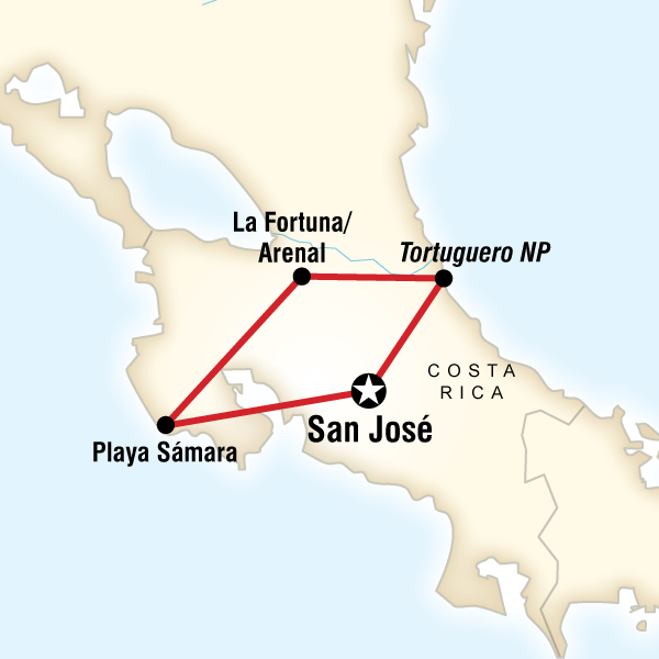 Map of the route for The Best of Costa Rica Independent Adventure