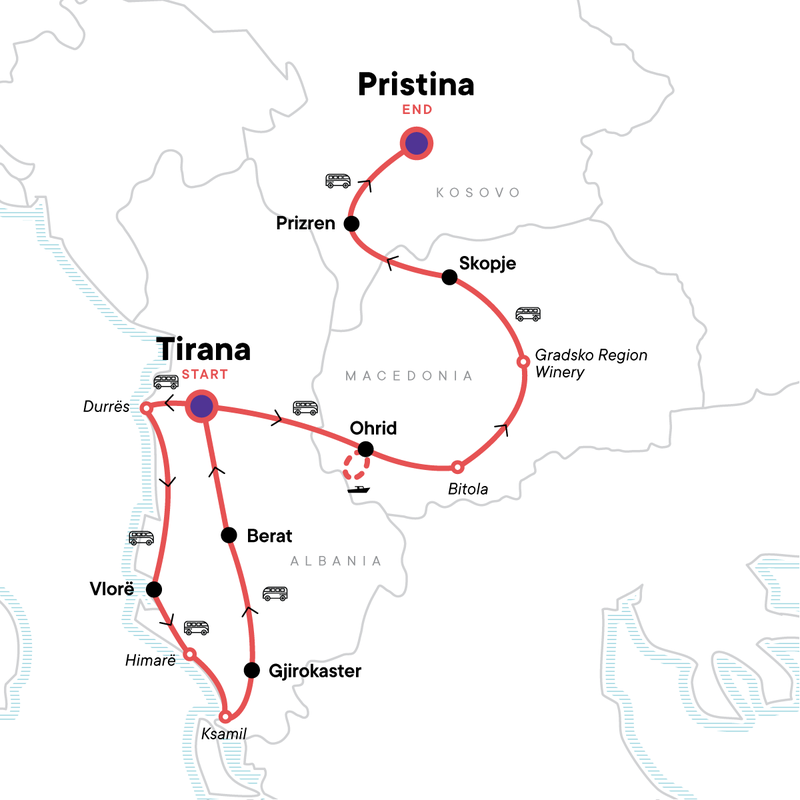 Map of the route for Albania, Kosovo, & Macedonia Adventure